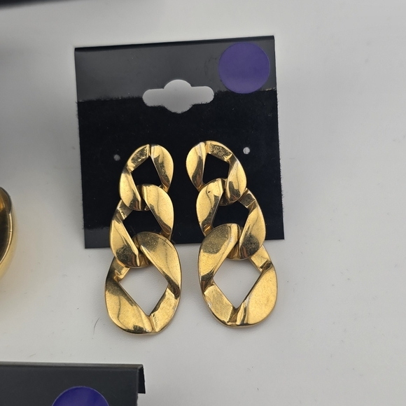 Set of 3 Gold Tone Earrings – Hoops, Chain Dangles & Geometric Studs - Picture 3 of 4